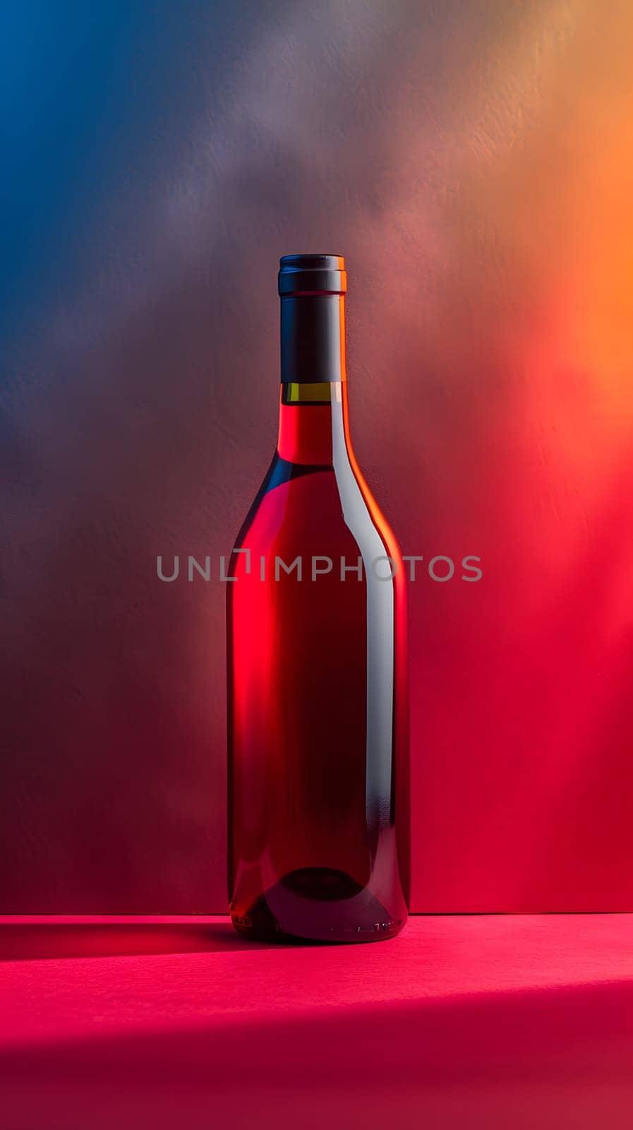 A magenta glass bottle filled with red liquid is placed on a red drinkware on the table. The fluid inside is a red drink