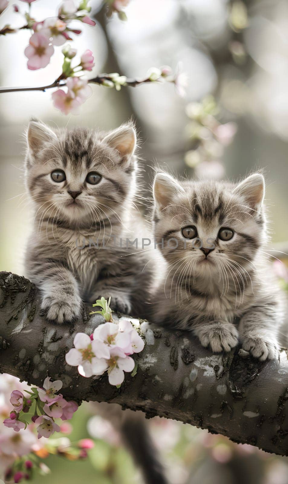 Two Felidae kittens are perched on a tree branch surrounded by flowers. These small to mediumsized cats are carnivorous organisms with whiskers and playful demeanor