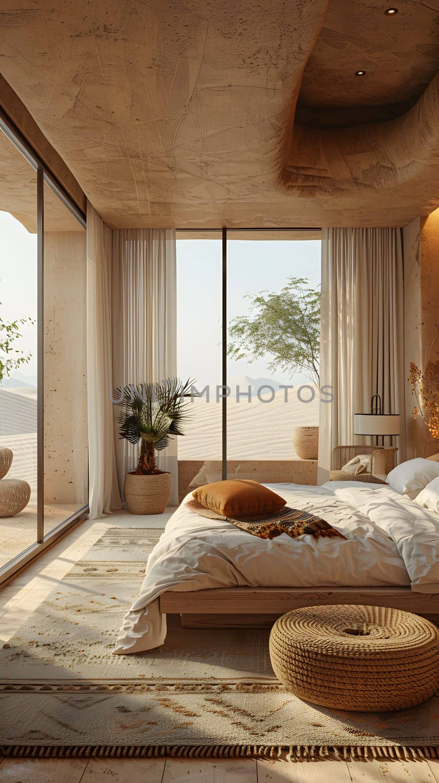 Bedroom with a spacious bed, wood flooring, large window for natural light. High quality photo