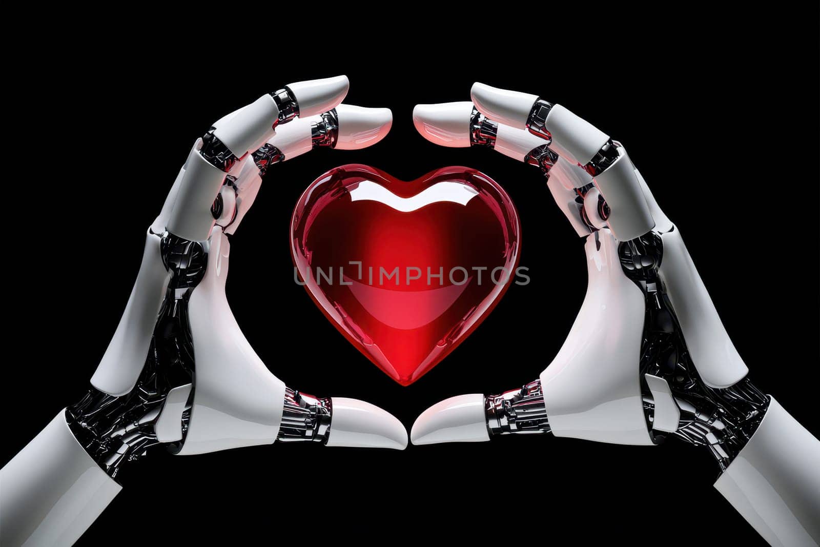 A futuristic robotic hand gently holds a glowing red heart, symbolizing the intersection of technology and emotion..
