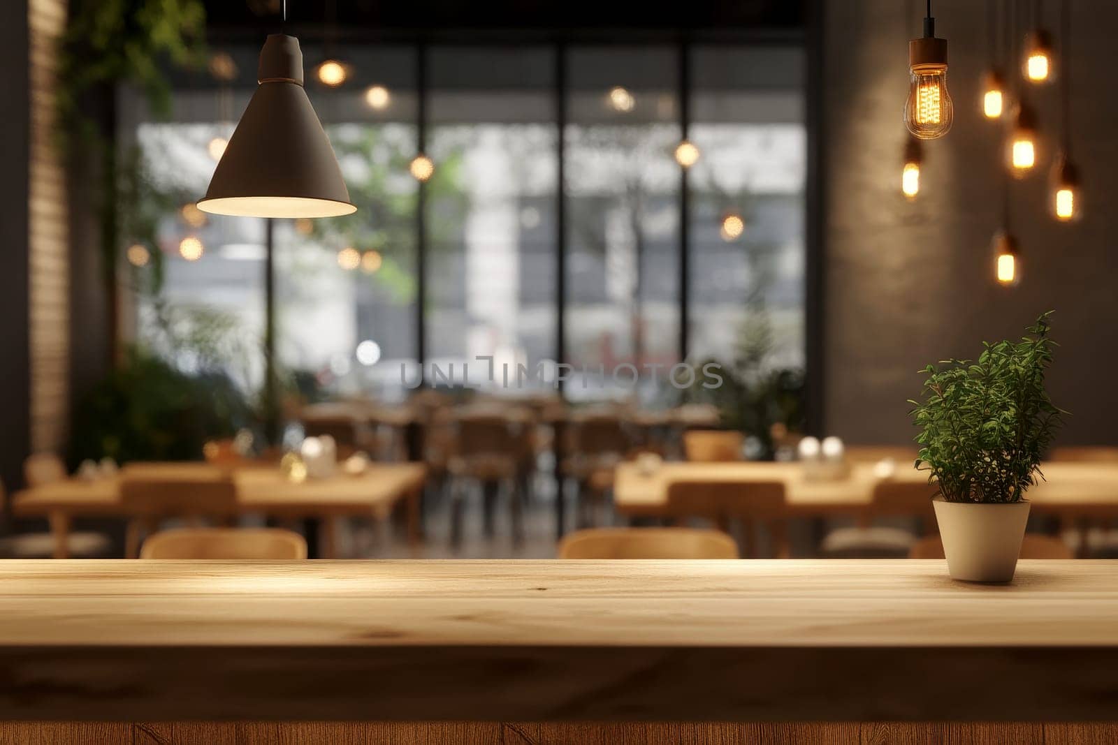 wooden table surface in foreground with blurred warm, inviting restaurant or cafe interior background. Soft glowing lights create cozy ambiance..