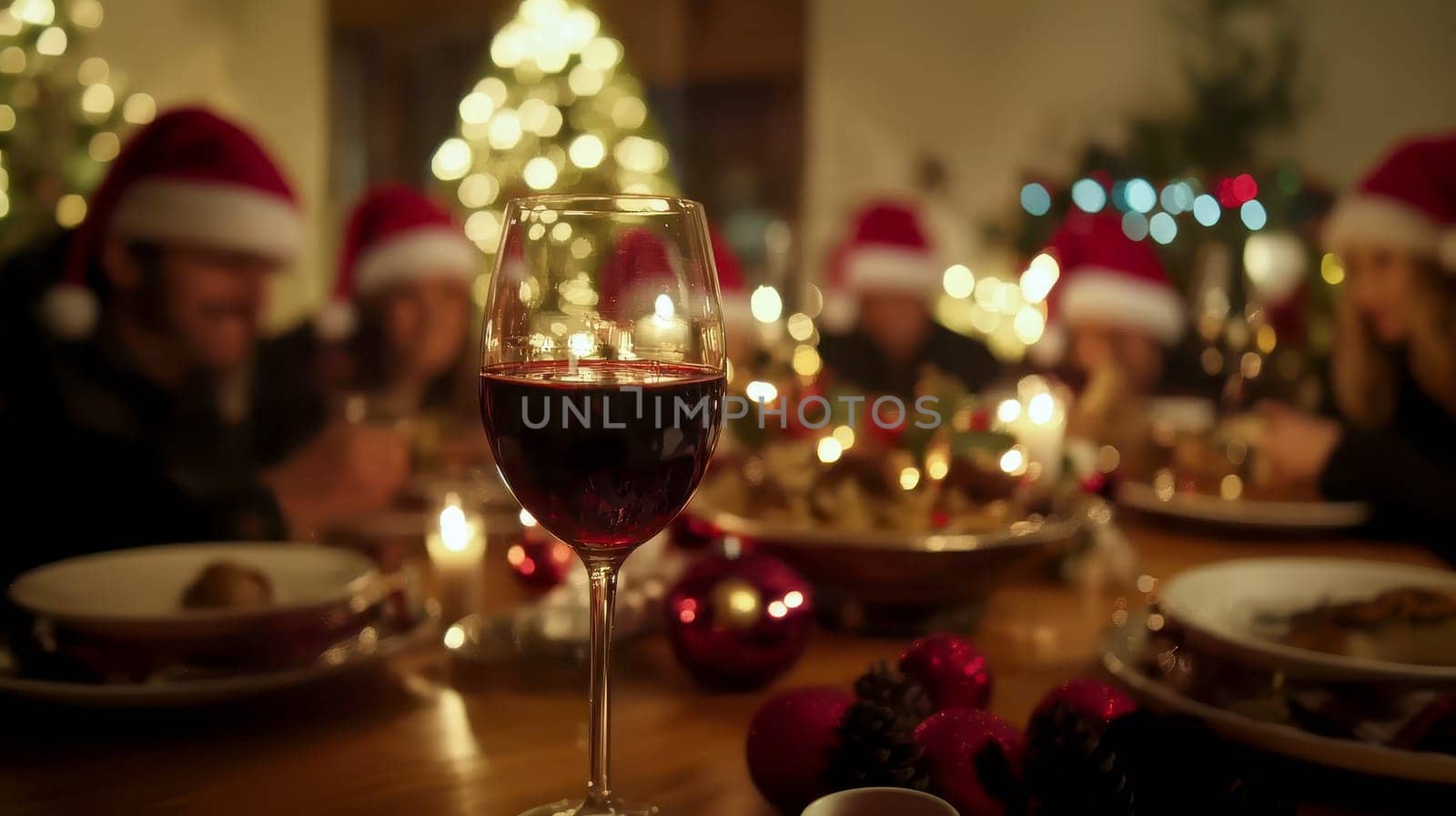 Photo of nice joyful family people drinking red wine and having Christmas dinner..