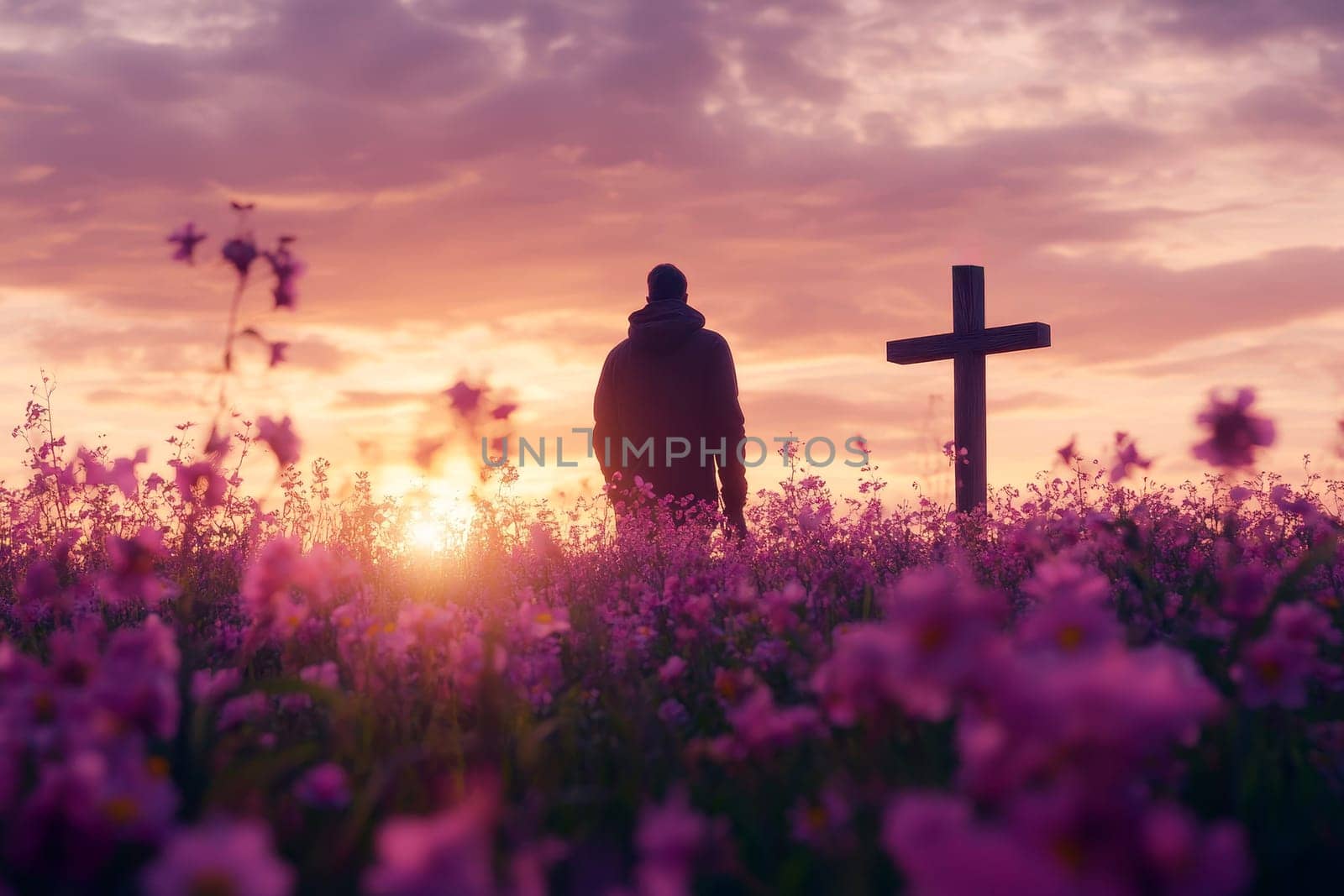 crop shot Contemplative Man in Flower Meadow at Sunrise with big Cross Symbolizing Easter Serenity and Reflection --ar 3:2 --v 6.1 Job ID: 4eaa9b01-3963-4908-89db-11a3b9e655c9