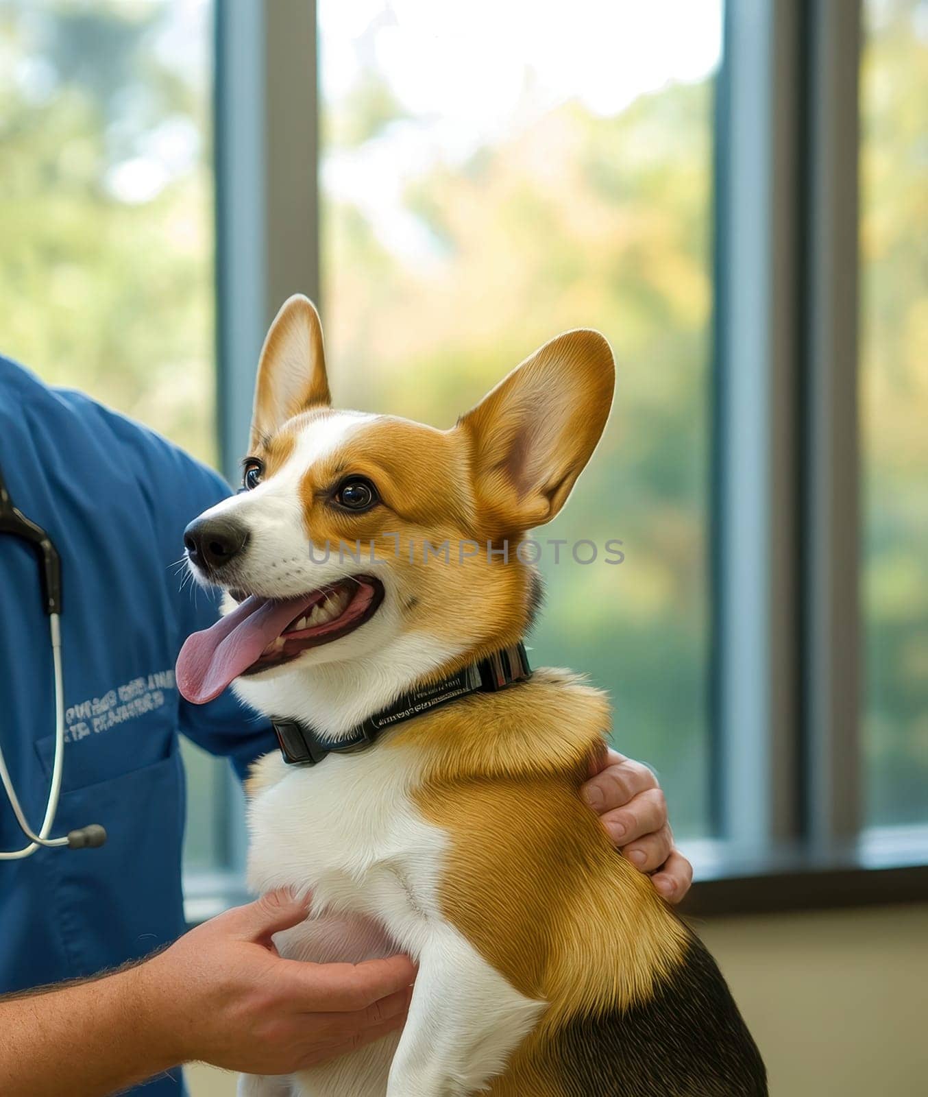 Happy man vet doctor in blue uniform cuddling pembroke welsh corgi dog, playing with little dog after treatment, free space. High quality illustration