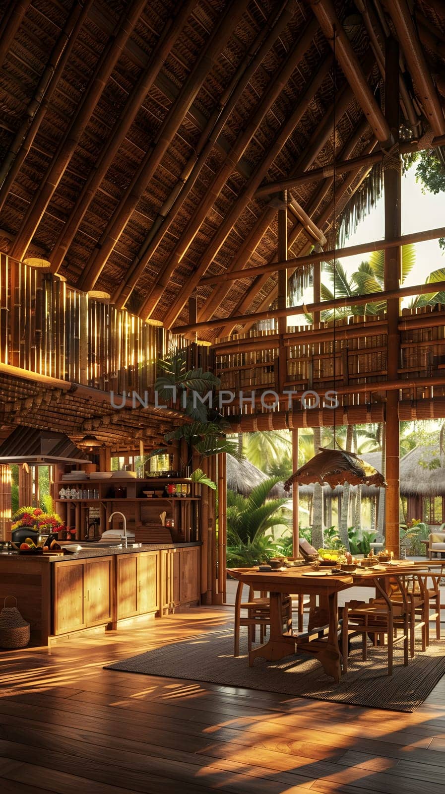 Rustic tropical dining room, wooden finishes, sunny and open space, cozy feel.