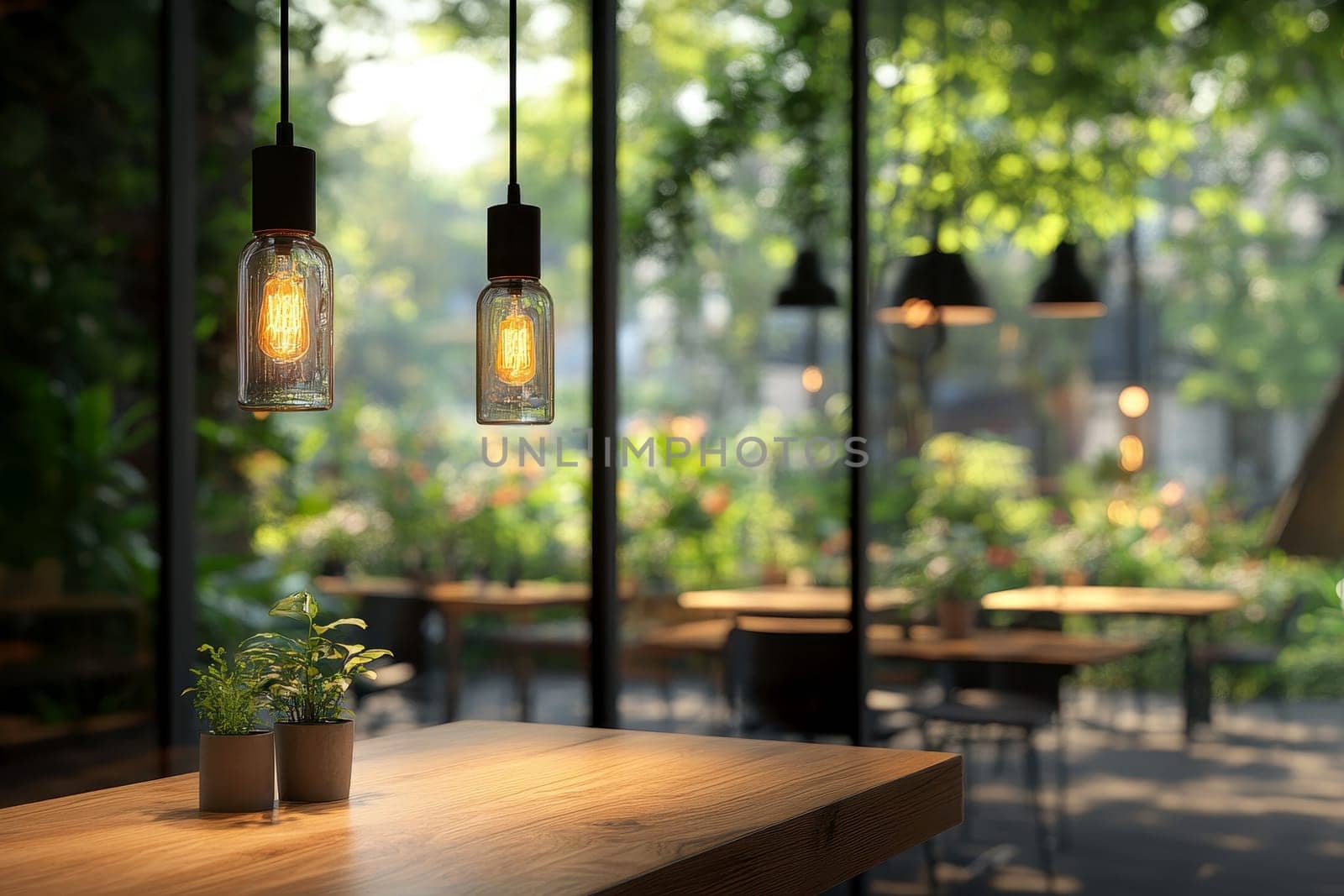 wooden table surface in foreground with blurred warm, inviting restaurant or cafe interior background. Soft glowing lights create cozy ambiance..