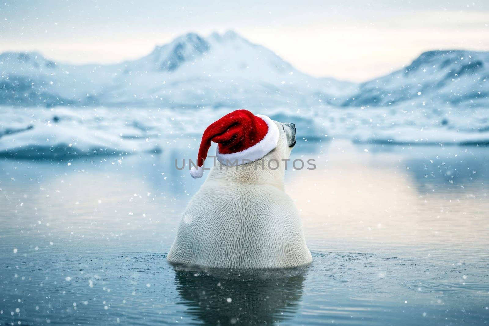 a polar bear with Christmas hat on a cold arctic water with snowy mountains..