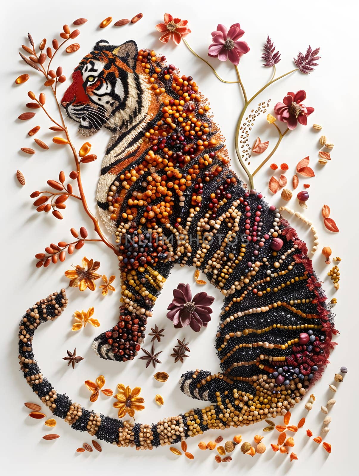 Vibrant tiger illustration crafted with beads, seeds, floral elements on white
