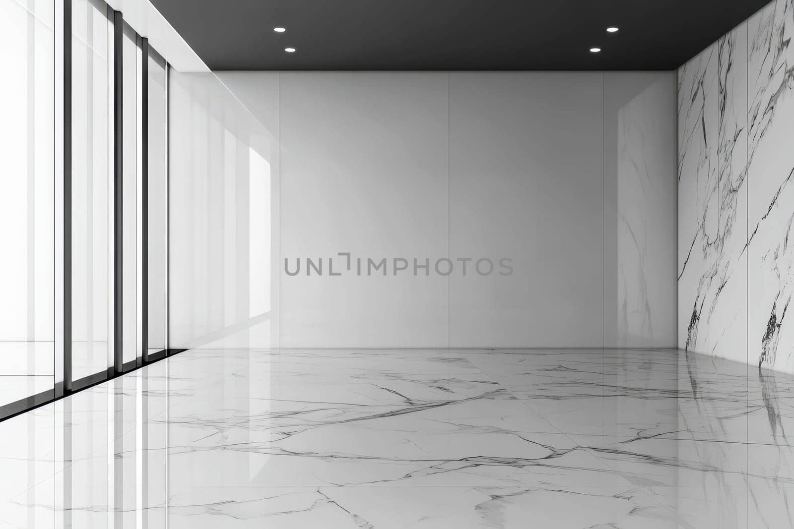 Blank white wall mockup in sunny modern empty gallery, 3d rendering. Clear big stand mock up in museum with contemporary art exhibitions. Large hall interior with wide banner exposition template..
