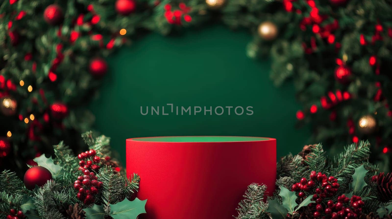 a empty Christmas product Round red podium close shot green , Christmas holiday-theme decorations background --ar 16:9 --v 6.1 Job ID: e3455995-016c-4d27-a2c3-5e1f6d373178