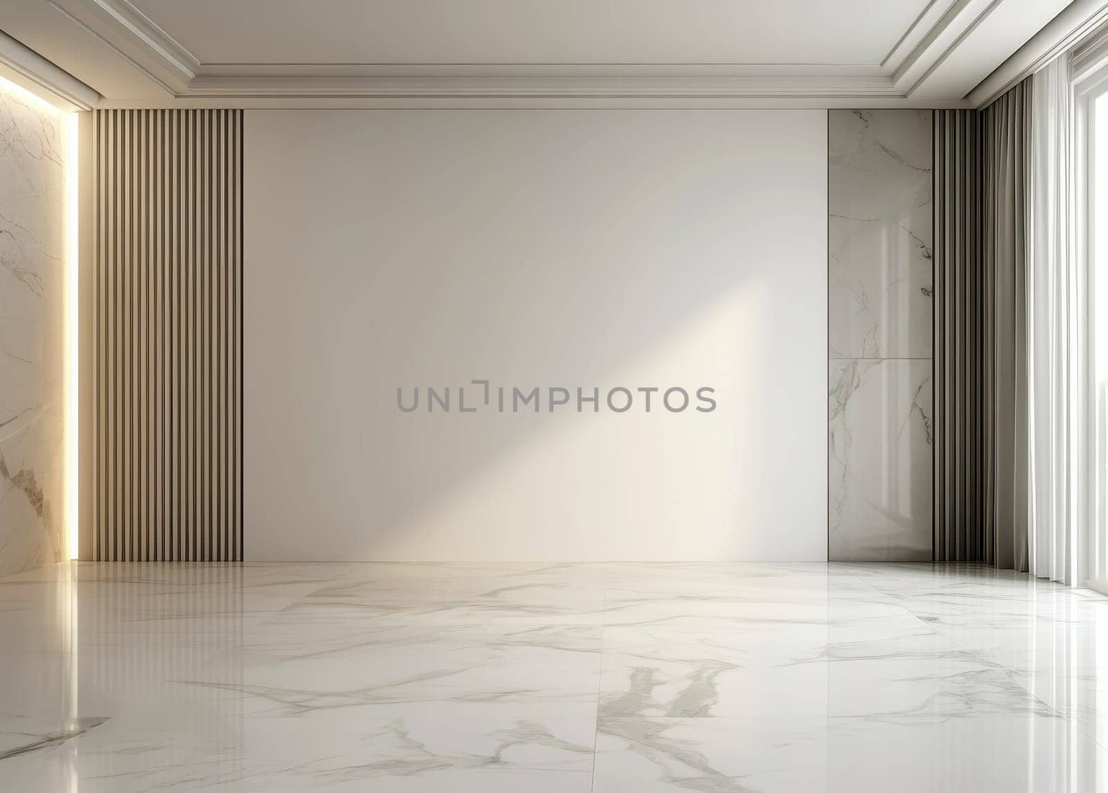 Blank white wall mockup in sunny modern empty gallery, 3d rendering. Clear big stand mock up in museum with contemporary art exhibitions. Large hall interior with wide banner exposition template..