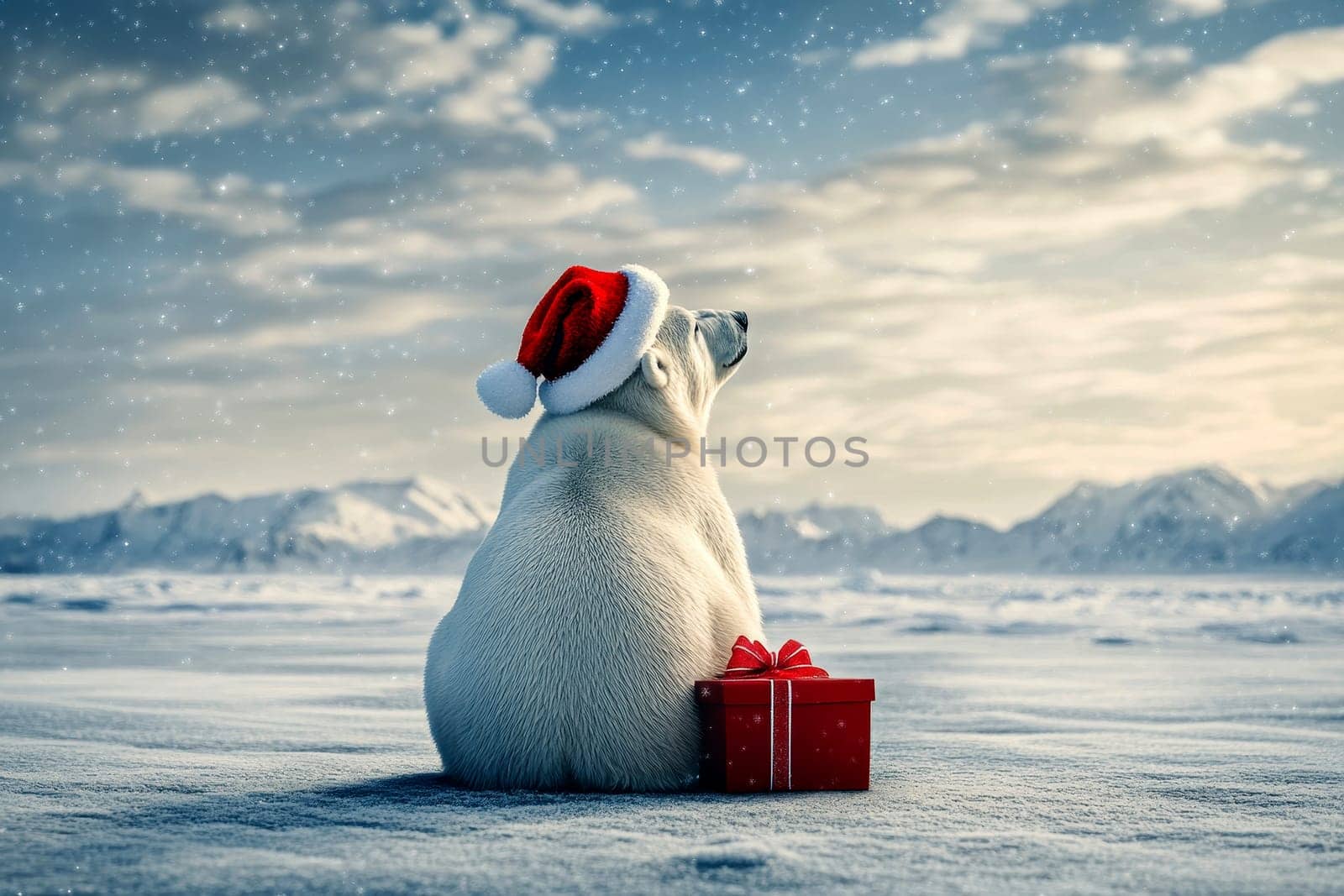 rear shot a polar bear with Christmas hat with gift box calm on a cold arctic ice with snowy mountains in the distance. --ar 3:2 --v 6.1 Job ID: 9a956aaa-11a0-4418-8198-a2676a1de550