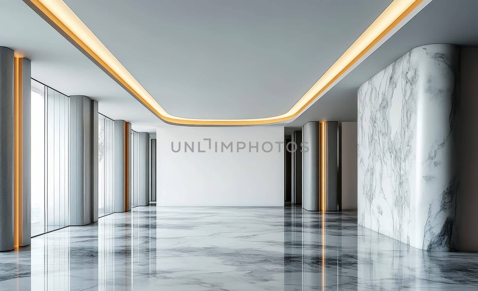 Blank white wall mockup in sunny modern empty gallery, 3d rendering. Clear big stand mock up in museum with contemporary art exhibitions. Large hall interior with wide banner exposition template..