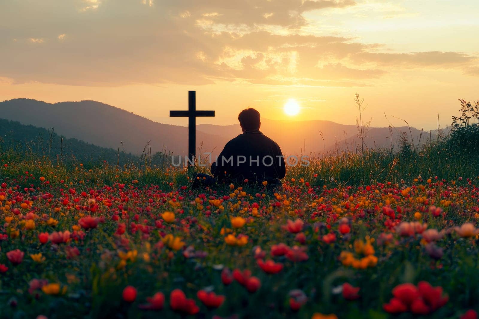 Contemplative Man in Flower Meadow at Sunrise with Cross Symbolizing Easter Serenity and Reflection..