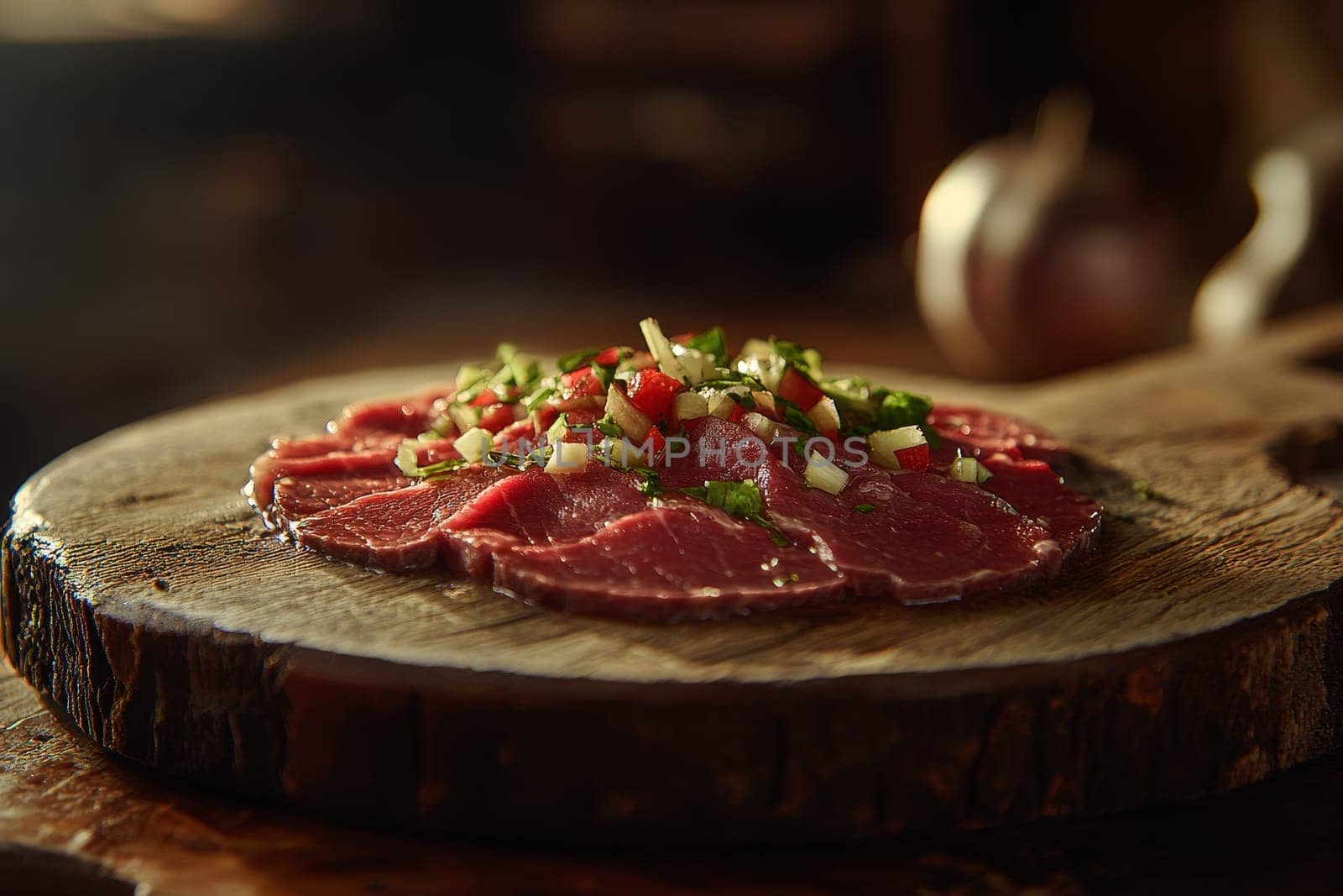 Raw beef with arugula and dressing. ai generative.