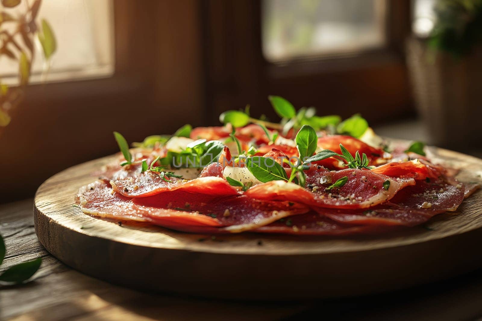 Raw beef with arugula and dressing. ai generative.