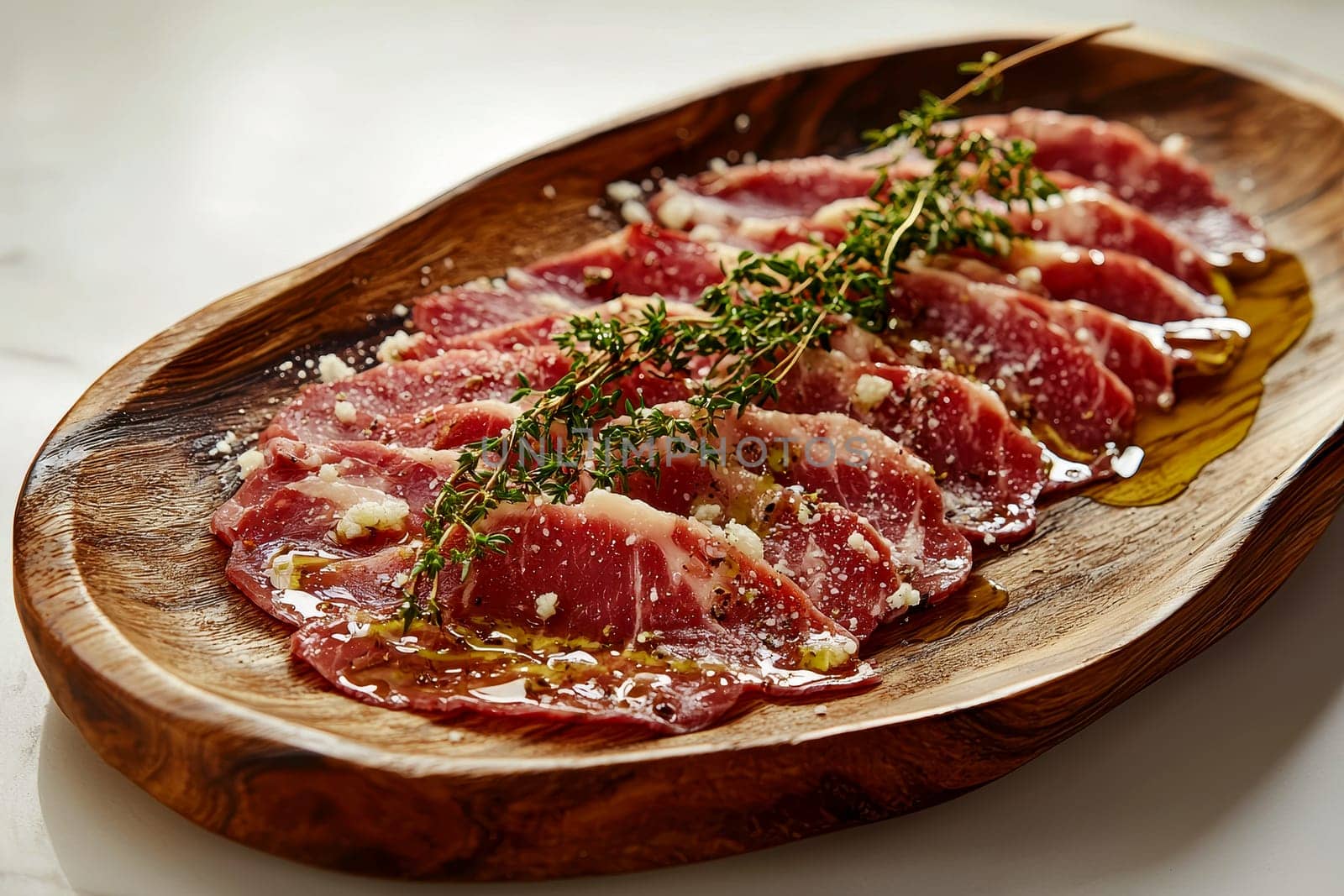 Raw beef with arugula and dressing. ai generative.