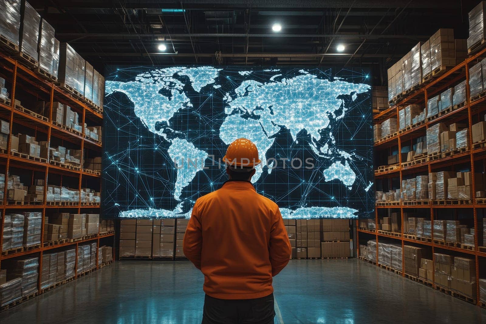 A man wearing a safety hard hat stands in a warehouse. Suitable for industrial and construction themes..