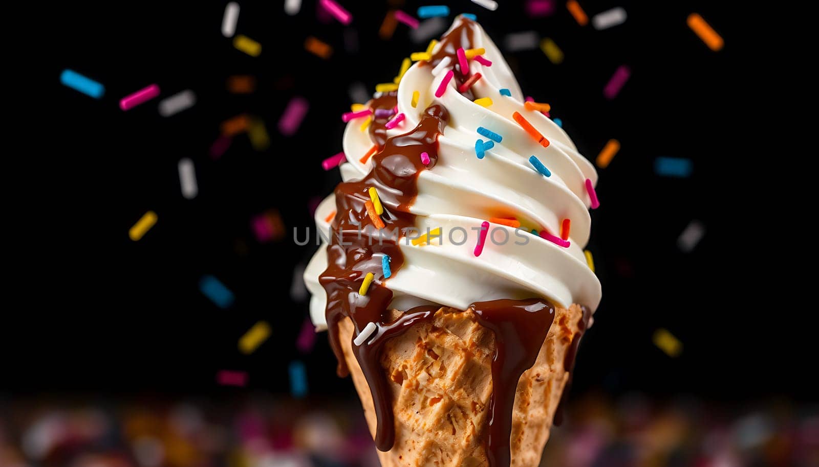 A close-up shot of a delicious ice cream cone with soft serve vanilla ice cream drizzled with chocolate sauce and colorful sprinkles. The background features a blur of colorful sprinkles, creating a playful and celebratory atmosphere. This image is perfect for advertising, food blogs, and social media posts related to ice cream, desserts, and summer treats. It evokes a sense of joy, indulgence, and nostalgia, making it ideal for promoting frozen treats and creating visually appealing content.,