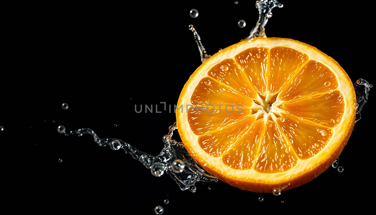 A close-up shot of a fresh orange slice splashing into water against a black background. The vibrant orange color of the fruit contrasts beautifully with the clear water droplets, creating a dynamic and refreshing image. This image can be used for advertising, branding, or as a decorative element for various projects. It's perfect for promoting healthy eating, summer vibes, and refreshing beverages.,