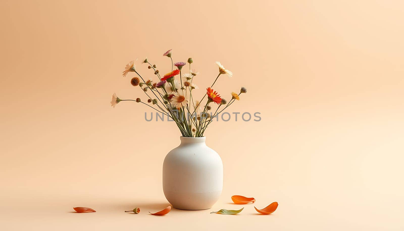 A simple yet elegant image featuring a bouquet of wildflowers in a white vase, set against a soft beige background. The natural colors of the flowers create a calming and serene atmosphere, making this image ideal for home decor, greeting cards, and other projects that require a touch of natural beauty. With a minimalist aesthetic and a focus on the delicate details of the flowers, this image evokes a sense of tranquility and peace, perfect for creating a welcoming and inviting ambiance. The image also includes three fallen flower petals, adding a touch of realism and whimsy to the composition.,