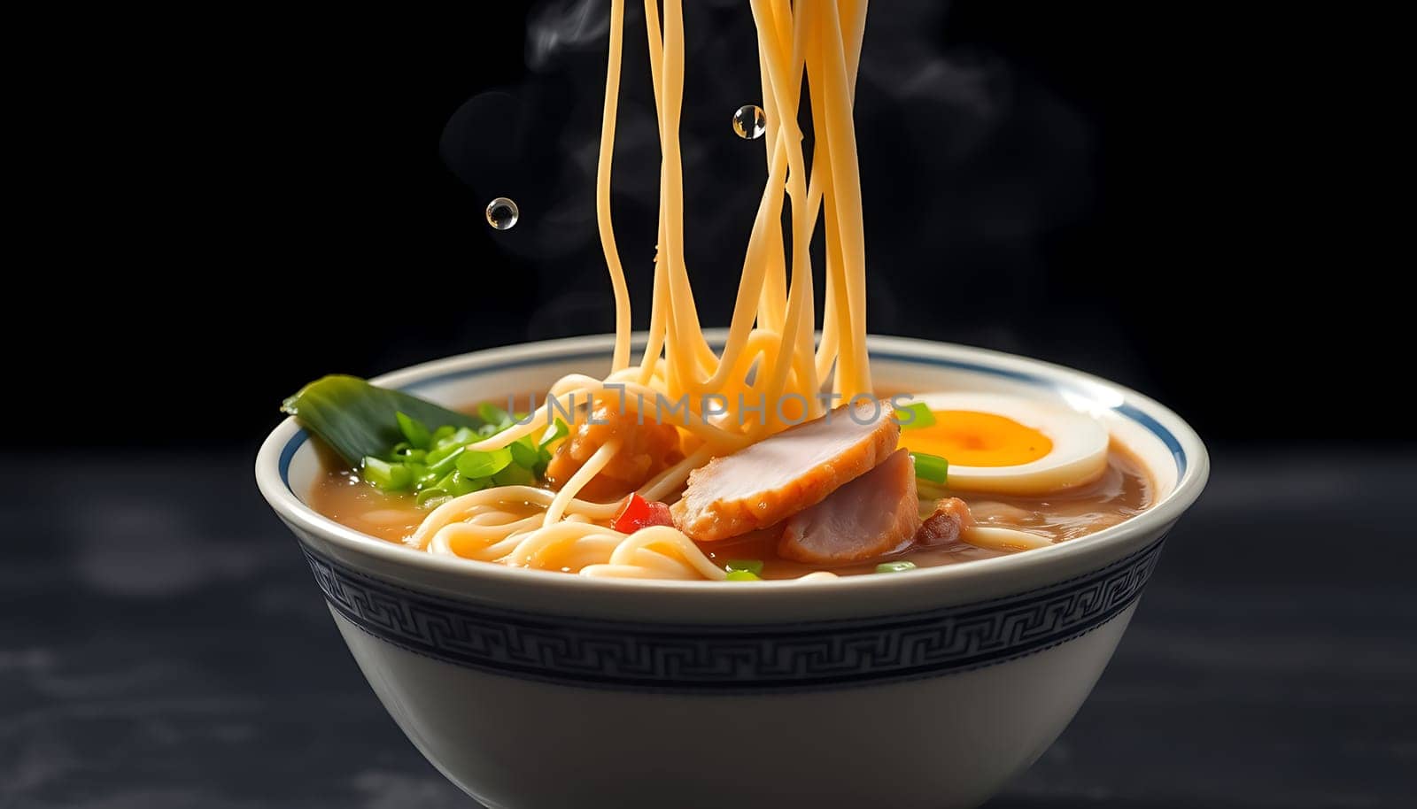 A close-up shot of a steaming bowl of ramen noodles with pork, egg, and green onions. The noodles are being lifted from the bowl, creating a delicious and inviting image. This photo is perfect for illustrating articles about Japanese cuisine, food photography, and healthy eating. It can also be used for restaurant menus, cooking websites, and food packaging.,