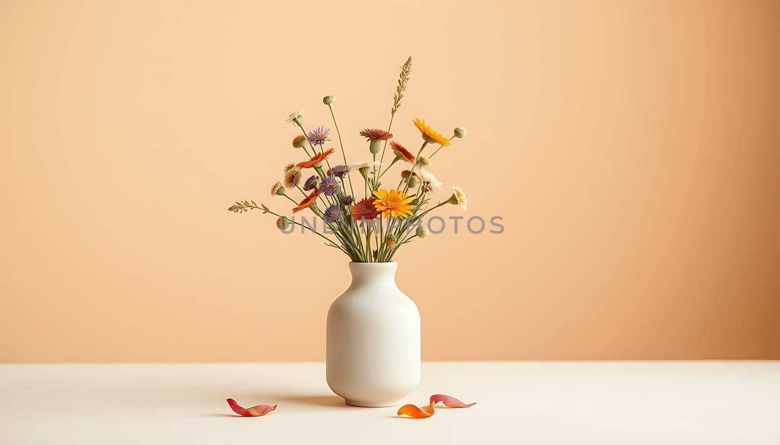 A simple and elegant still life featuring a bouquet of wildflowers in a white ceramic vase, set against a soft beige background. The flowers are in full bloom, showcasing a mix of orange, yellow, and purple hues. The composition is minimalist, creating a serene and inviting atmosphere. This image is perfect for adding a touch of natural beauty to your design projects, such as websites, social media posts, or print materials. It can also be used for branding, advertising, or as a decorative element in home decor.,