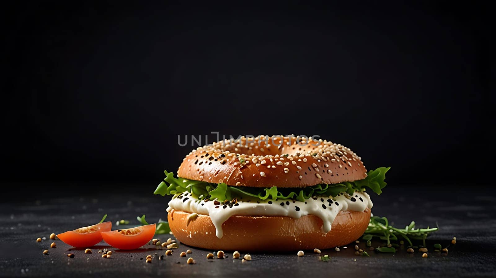 Close-up shot of a delicious sesame bagel topped with cream cheese and fresh lettuce, shot on a black surface. The bagel is garnished with sesame seeds and a sprig of green microgreens. The image is perfect for use in food blogs, recipe websites, cookbooks, or any other project that needs a mouthwatering visual representation of a tasty breakfast or lunch. It's a high-quality, close-up image that captures the texture and freshness of the ingredients. The dark background creates a clean and sophisticated look, highlighting the colorful and vibrant bagel in the foreground.