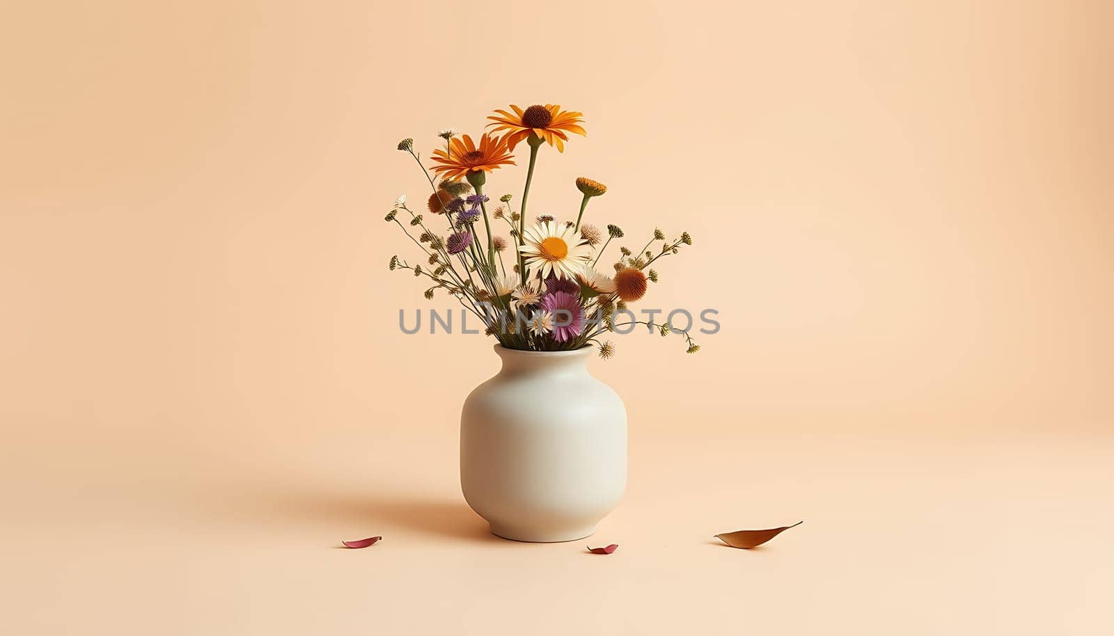 A simple and elegant still life featuring a white ceramic vase filled with a vibrant mix of wildflowers. The vase sits on a light peach background, creating a minimalist and modern aesthetic. The natural beauty of the flowers is highlighted against the muted backdrop, making this image ideal for use in home decor, branding, or editorial projects. The soft lighting and simple composition create a sense of calm and serenity. This image is perfect for adding a touch of nature to any design project, with the versatility to be used in various ways.