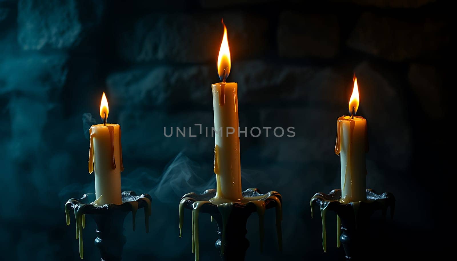 A moody and atmospheric image of three burning candles in a dark room, with smoke and dripping wax. Perfect for adding a spooky and dramatic touch to your designs. The candles are in antique candleholders, adding to the old world charm of the image. The dark background and smoky atmosphere create a sense of mystery and intrigue. Use this image for Halloween designs, horror movies, gothic themes, or anything else that needs a touch of the eerie.