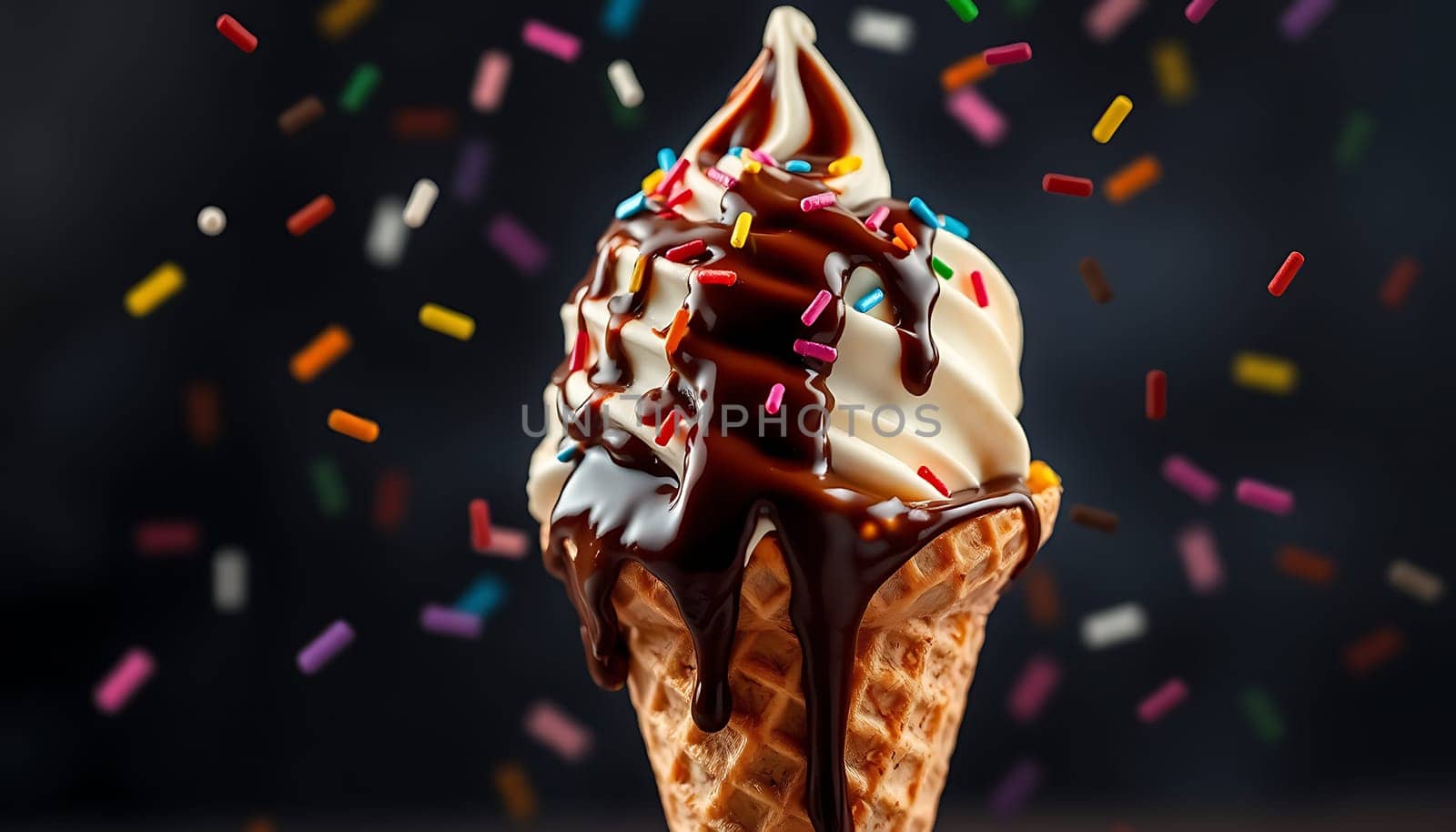 A close-up shot of a delicious ice cream cone with white soft serve, drizzled with chocolate sauce and topped with colorful sprinkles. The image features a dark background with sprinkles falling around the cone, creating a sense of movement and fun. This image is perfect for advertising, packaging, or websites related to ice cream, desserts, or summer treats. It can also be used for social media posts, food blogs, and more.,
