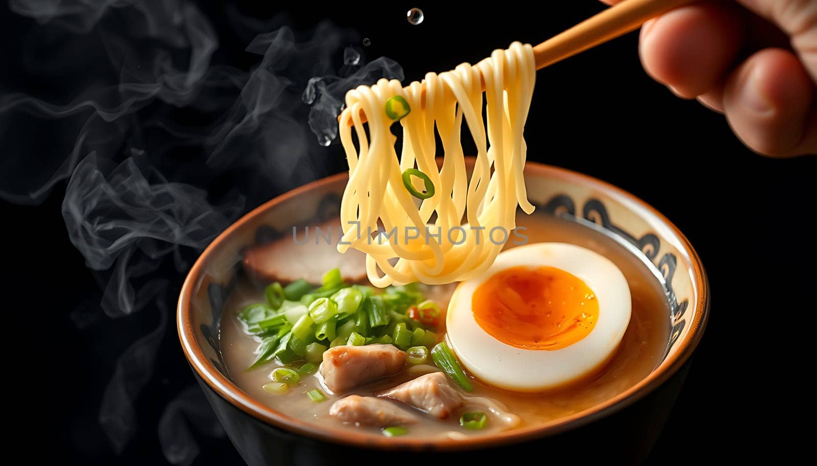 A close-up image of a bowl of steaming ramen noodles with chopsticks lifting a portion of the noodles. The bowl contains a soft-boiled egg, chopped scallions, and meat. The image is perfect for illustrating articles, blogs, and social media posts about Japanese cuisine, comfort food, and noodle dishes. It could also be used in advertising campaigns for ramen brands, restaurants, or food delivery services.,