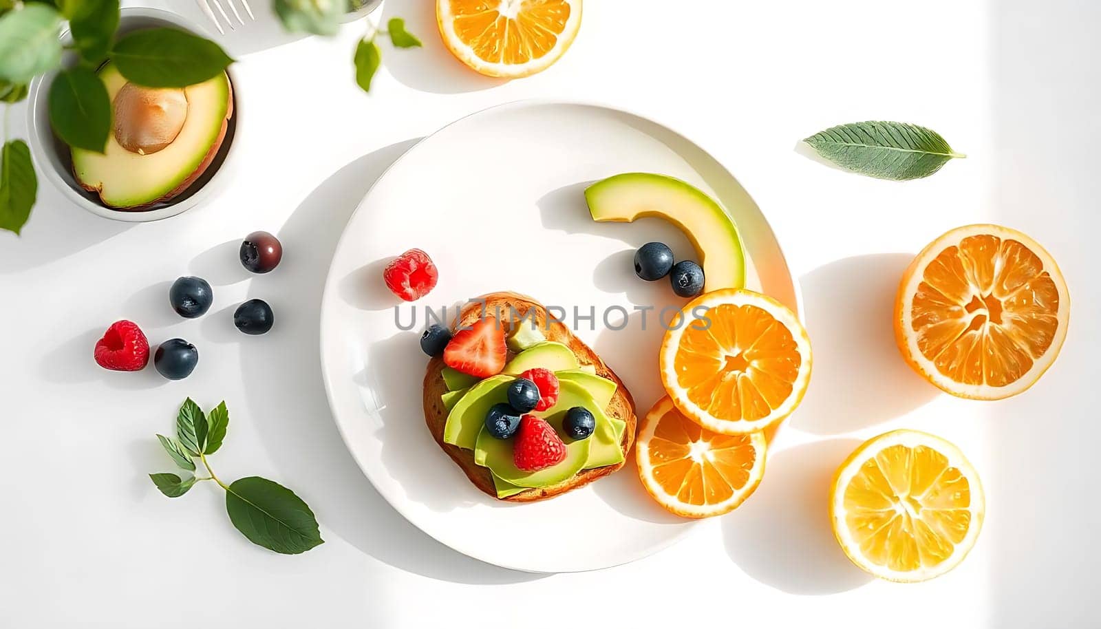 A delicious and healthy avocado toast topped with fresh berries, citrus slices, and a sprinkle of green leaves. Perfect for a light breakfast, brunch, or snack. The vibrant colors and natural ingredients make this image perfect for showcasing healthy eating and lifestyle concepts. It can be used for food blogs, cookbooks, restaurant menus, or social media posts. The image is captured with a clean white background and natural light, providing a fresh and modern aesthetic.,