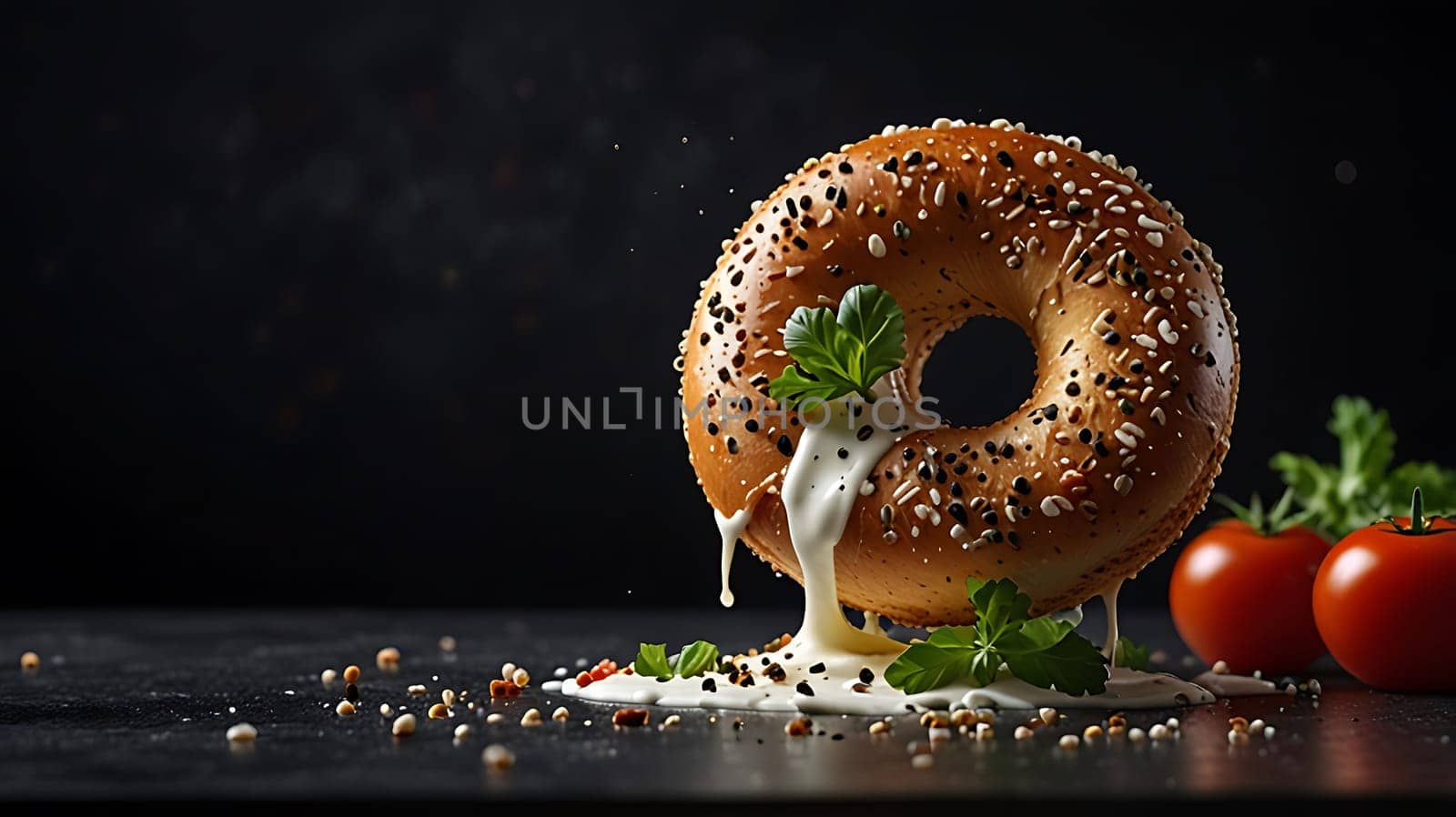 A fresh, warm bagel topped with cream cheese and sesame seeds, drizzled with cream cheese. The bagel is set on a black surface, creating a visually appealing contrast. This image is perfect for advertising, food blogs, or promoting any food-related content.