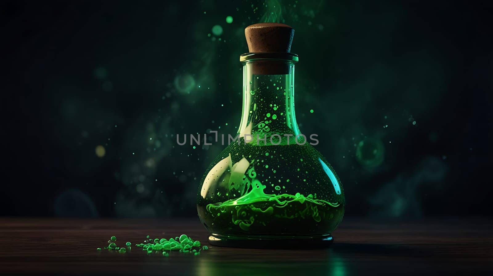 A mysterious green potion bottle with smoke rising from the cork, set against a dark background with bokeh lights. Perfect for fantasy, science fiction, Halloween, or potion-related themes. The image features a glass bottle with a cork stopper, filled with a glowing green liquid that appears to be bubbling and swirling. The bottle sits on a wooden table, and the smoke adds a sense of magic and mystery. This image can be used to create a variety of visual effects, such as backgrounds, illustrations, or posters.
