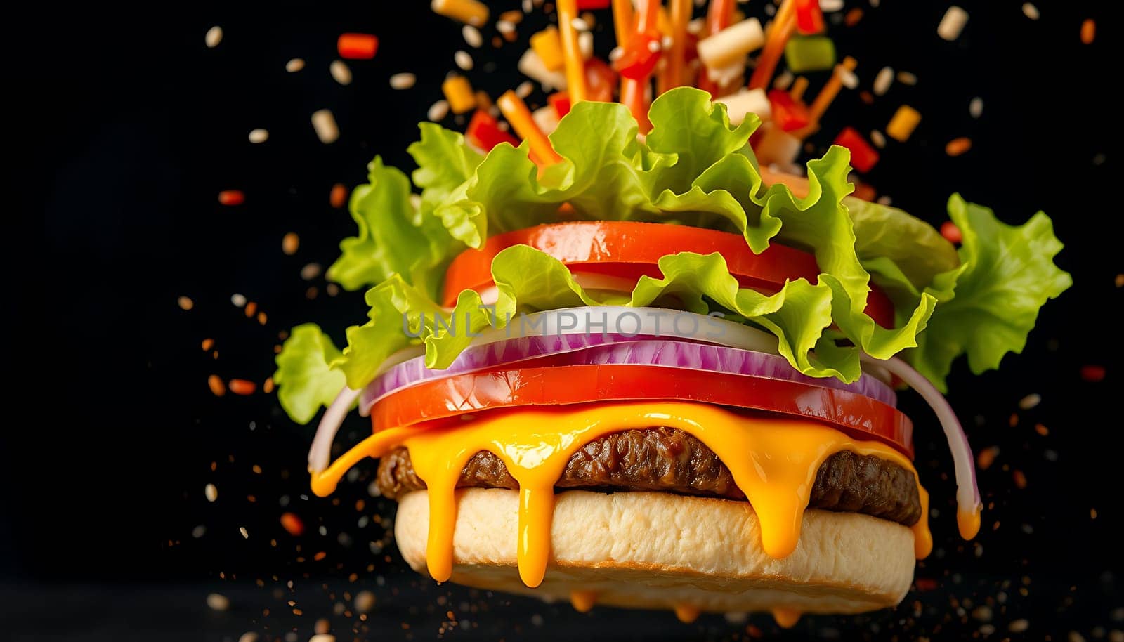 A mouthwatering image of a classic burger with melted cheese, lettuce, tomatoes, onions, and a meat patty. The image is perfect for showcasing the deliciousness of fast food, showcasing ingredients, or illustrating the concept of a satisfying meal. The dynamic composition with toppings flying in the air adds a sense of movement and energy to the image, making it ideal for food-related marketing, advertising, and editorial purposes.,