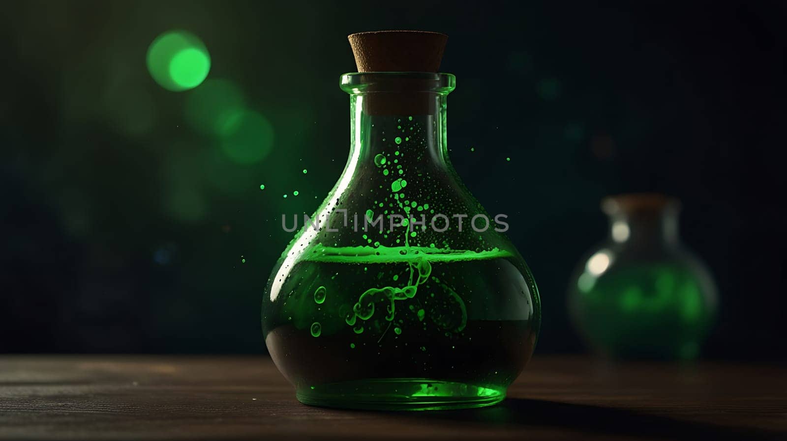 A close-up image of a green glass bottle with a cork stopper, filled with a glowing green liquid. The bottle is sitting on a wooden table with a dark, blurred background. The liquid is bubbling and moving, creating a sense of magic and mystery. Perfect for fantasy, Halloween, or science fiction themes. This image can be used to illustrate potions, elixirs, or other mystical liquids. It can also be used in advertising, websites, and social media.