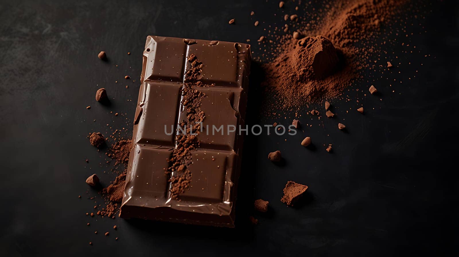 A close-up shot of a dark chocolate bar, with cocoa powder sprinkled over it and around it. The image is perfect for use in food blogs, recipe books, or advertising for chocolate products. The high-quality image showcases the rich and decadent nature of dark chocolate, with a natural, authentic feel. The minimalist composition with a dark background allows for text overlays or branding.