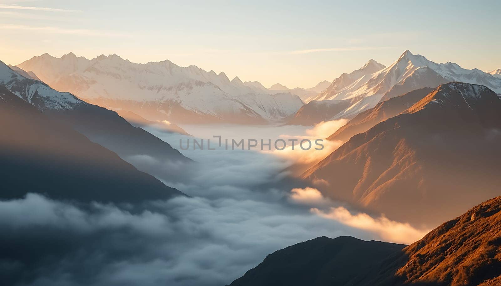A stunning panoramic view of a majestic mountain range bathed in the golden light of sunset. The clouds roll through the valleys creating a dramatic and breathtaking scene. Use this image to inspire wonder, adventure, and exploration, or to evoke a sense of peace and tranquility. Perfect for travel, nature, and landscape projects, as well as for use in advertisements, websites, and social media posts.