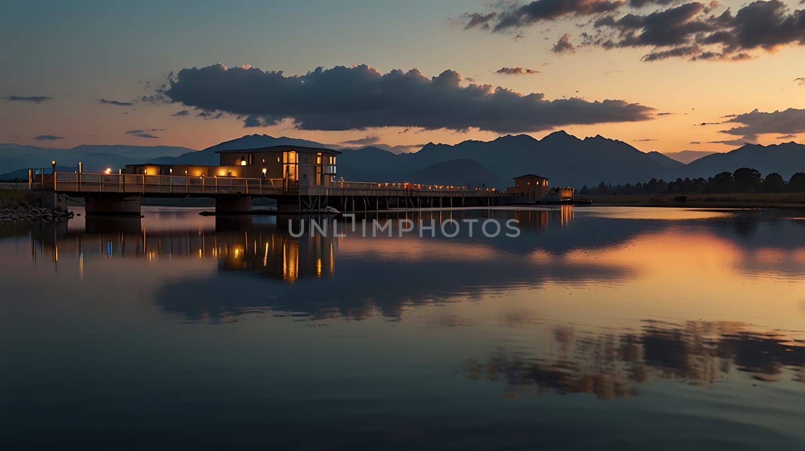 A captivating landscape photograph showcasing a bridge with lights illuminating the scene against a backdrop of silhouetted mountains. The reflection of the clouds in the water adds a mesmerizing element to the image, making it ideal for travel, nature, and architectural themes. Use this photo to evoke a sense of tranquility, peace, and the beauty of nature.