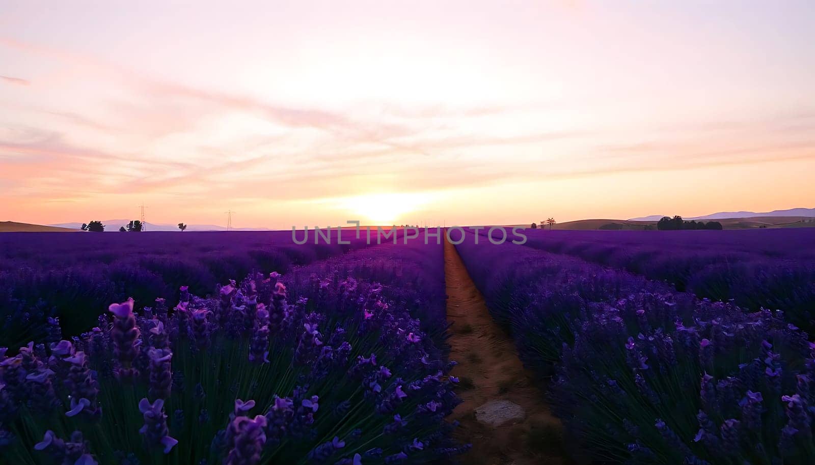 A breathtaking view of a lavender field at sunset. The image captures the vibrant purple blooms of the lavender plants, the warm glow of the setting sun, and the rolling hills in the distance. The field is framed by a dirt path that leads to the horizon, making for a picturesque and tranquil scene. This image would be perfect for use in travel brochures, websites, social media posts, or any project that needs a touch of beauty and tranquility. It can also be used as a background image, desktop wallpaper, or even a print for home decor. The vibrant colors and stunning landscape make this image a truly captivating and memorable scene.,