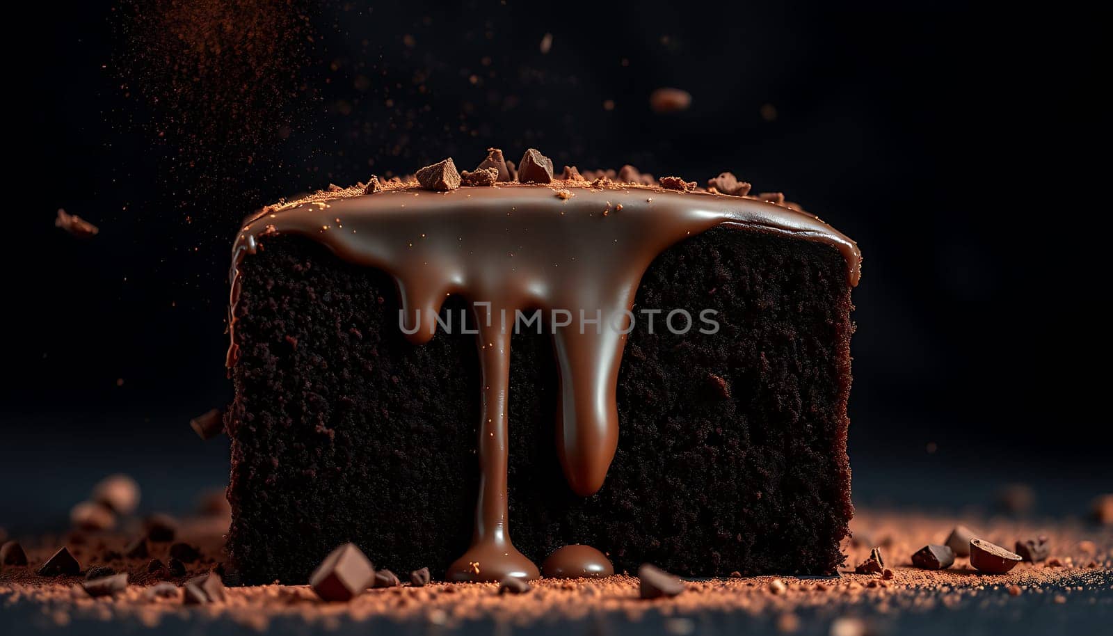 A close-up shot of a decadent chocolate cake with a rich, dark chocolate ganache drizzled over the top. The cake is surrounded by chocolate chips and cocoa powder, creating a delicious and visually appealing image. This image is perfect for use in advertising, food blogs, and social media posts, promoting chocolate desserts and the joy of baking.