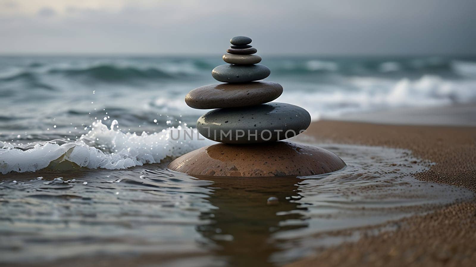 A serene image of a stack of smooth, gray stones, perfectly balanced on the edge of the water. The ocean waves gently lap at the base of the stones, creating a sense of tranquility and harmony. This image is perfect for projects related to meditation, relaxation, nature, and the ocean. It could be used in a variety of design applications, such as websites, brochures, social media posts, and more.