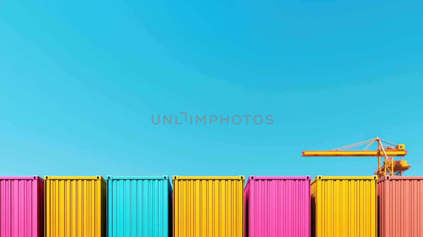 Colorful shipping containers against bright blue sky create vibrant scene.