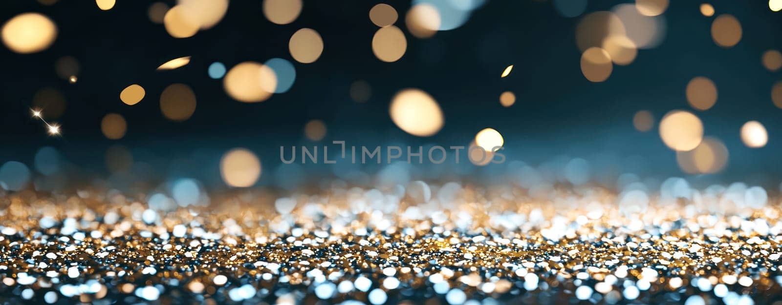 Glittering gold and silver particles create festive atmosphere.