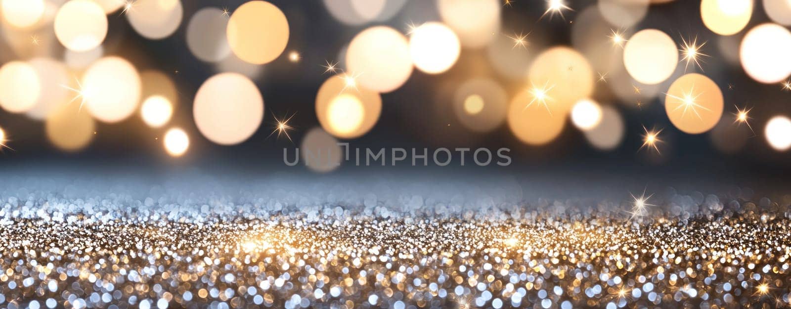 Shimmering gold and silver glitter creates festive atmosphere.
