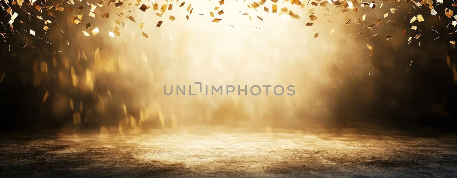 stunning confetti burst in shades of gold and silver creates festive atmosphere.