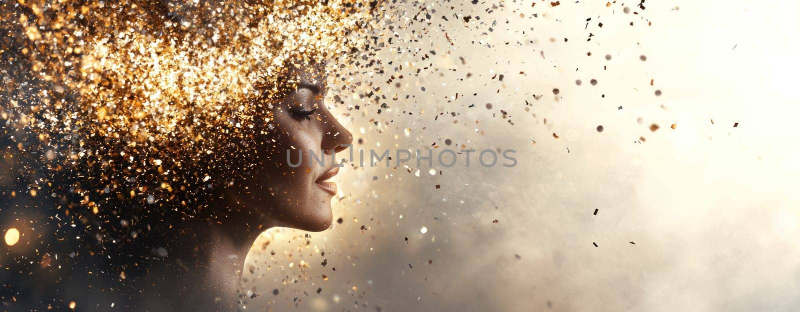 stunning portrait of woman with burst of golden confetti, symbolizing creativity and inspiration.