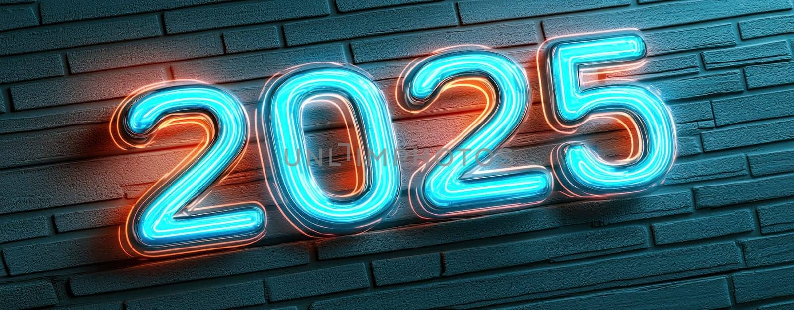 Bright neon numbers 2025 glow against textured wall, creating futuristic vibe.