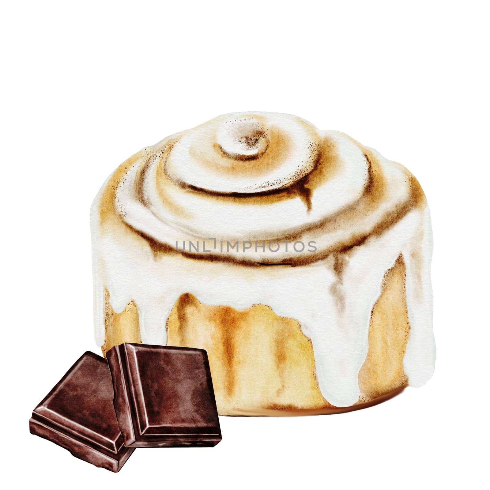 Cinnabon, cinnamon watercolor. Hand drawn cinnamon bun with cream cheese with chocolate. Classic American sweet. Clip art isolated on white background. For coffee shop menu, pastry shop and sweet pastry recipes. High quality illustration